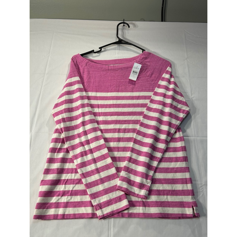 LOFT Pink White Striped Long Sleeve Boat Neck Tee Shirt Small NWT 33729190